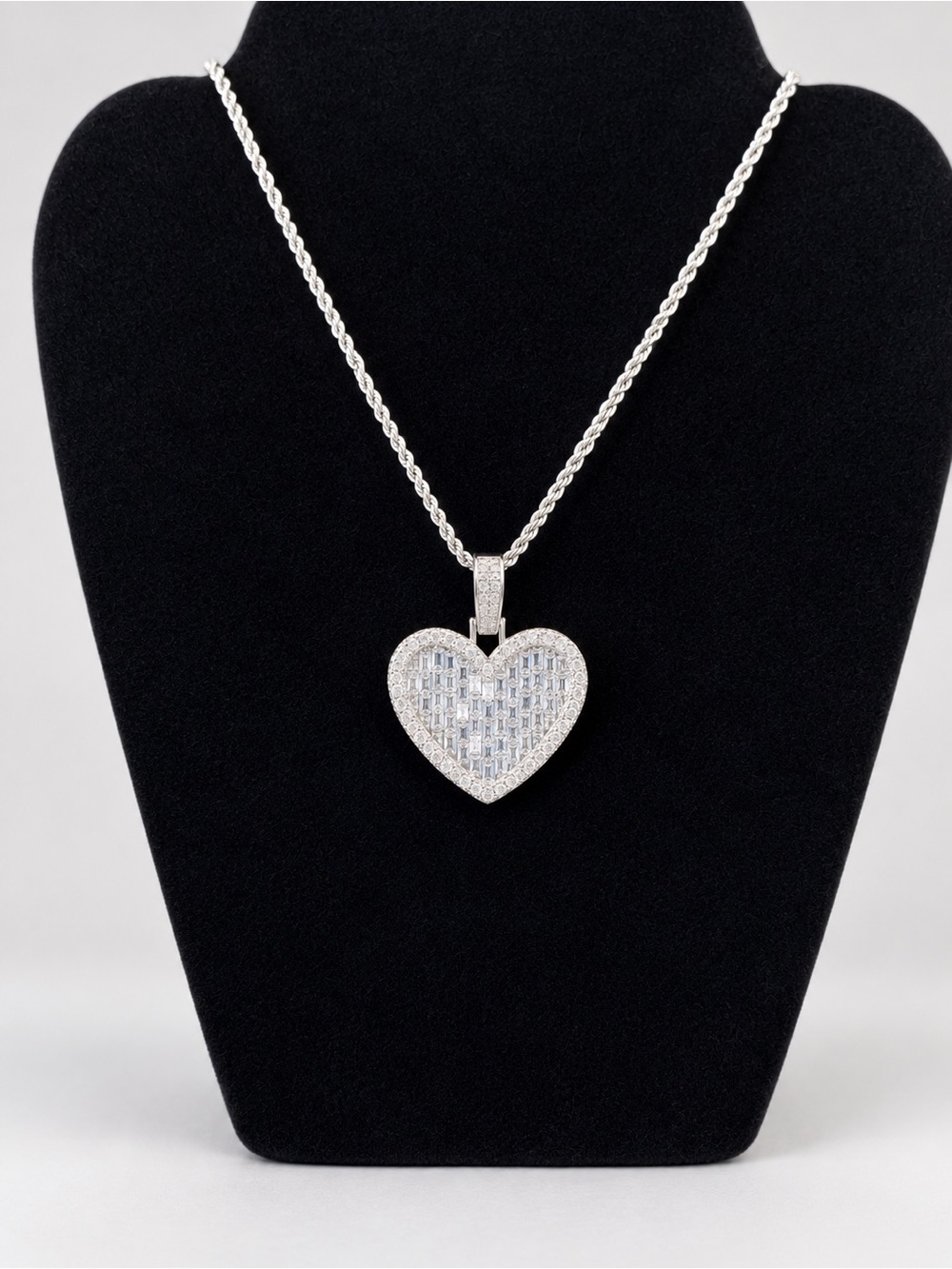 Silver Tone CZ Heart Pendant Necklace – Baguette & Pavé Style great quality
